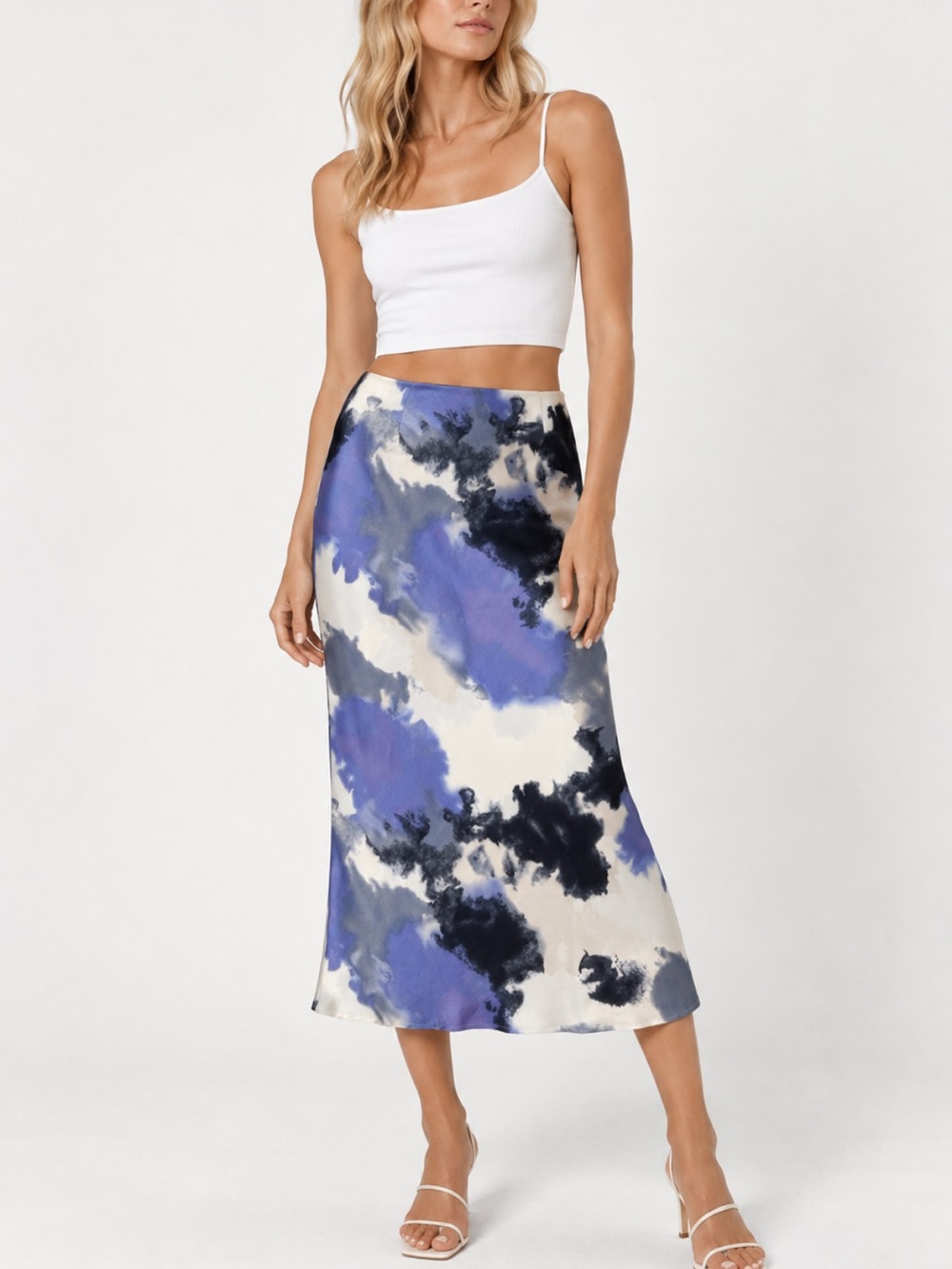 NWOT Thing Between Tie Dye Watercolor Satin Midi Skirt M